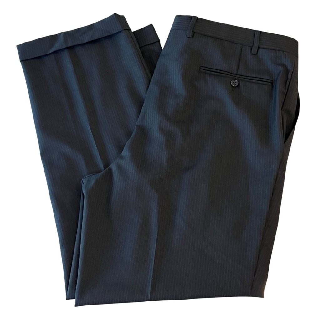 Canali Dress Pants Mens 54 (38x30) Tessuto Wool Black Pinstriped Pleated Cuffed